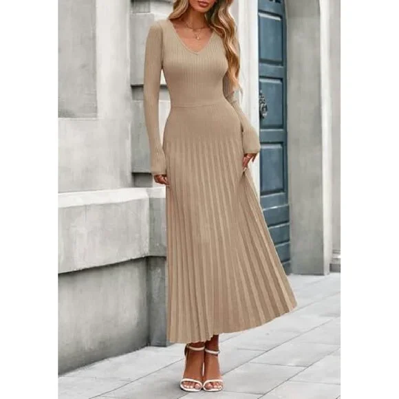 Ribbed Knit Sweater Dress Long Sleeve V Neck A Line Maxi Winter